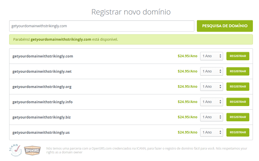 Página de registo de domínio impressionante