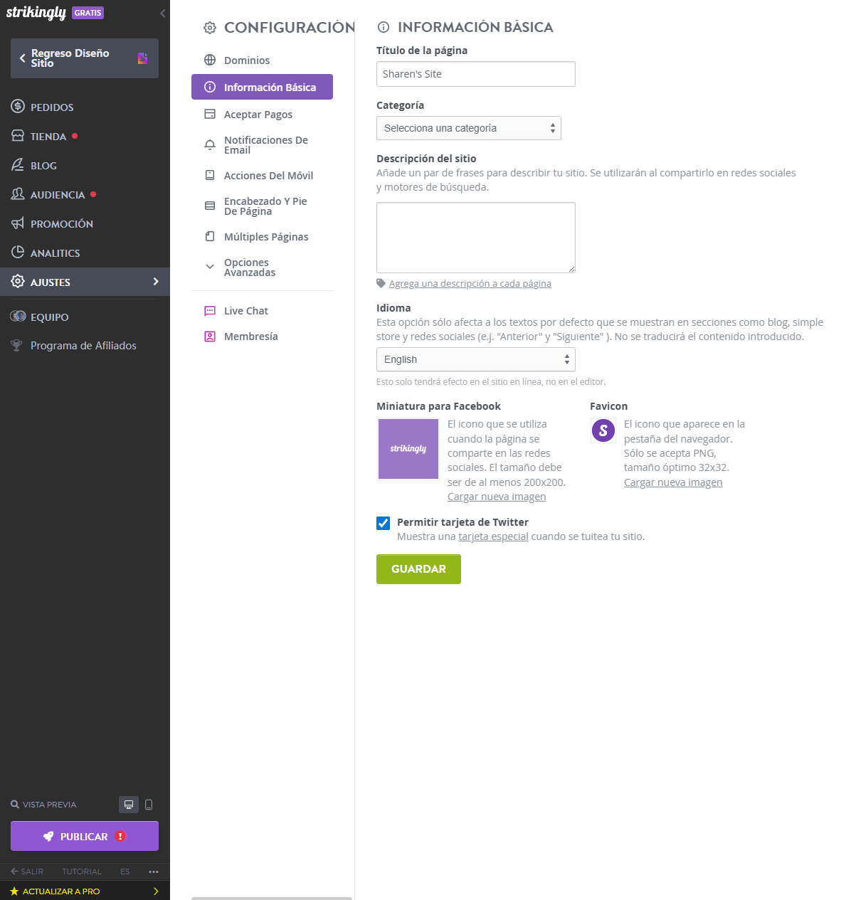 Configuración del sitio sorprendente