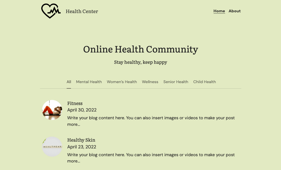 Vorlage für ein Gesundheitszentrum von Strikingly
