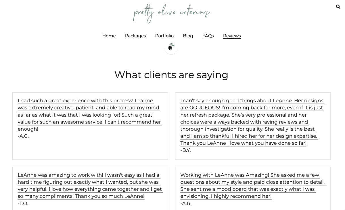 Página de testimonios de Pretty Olive Interiors