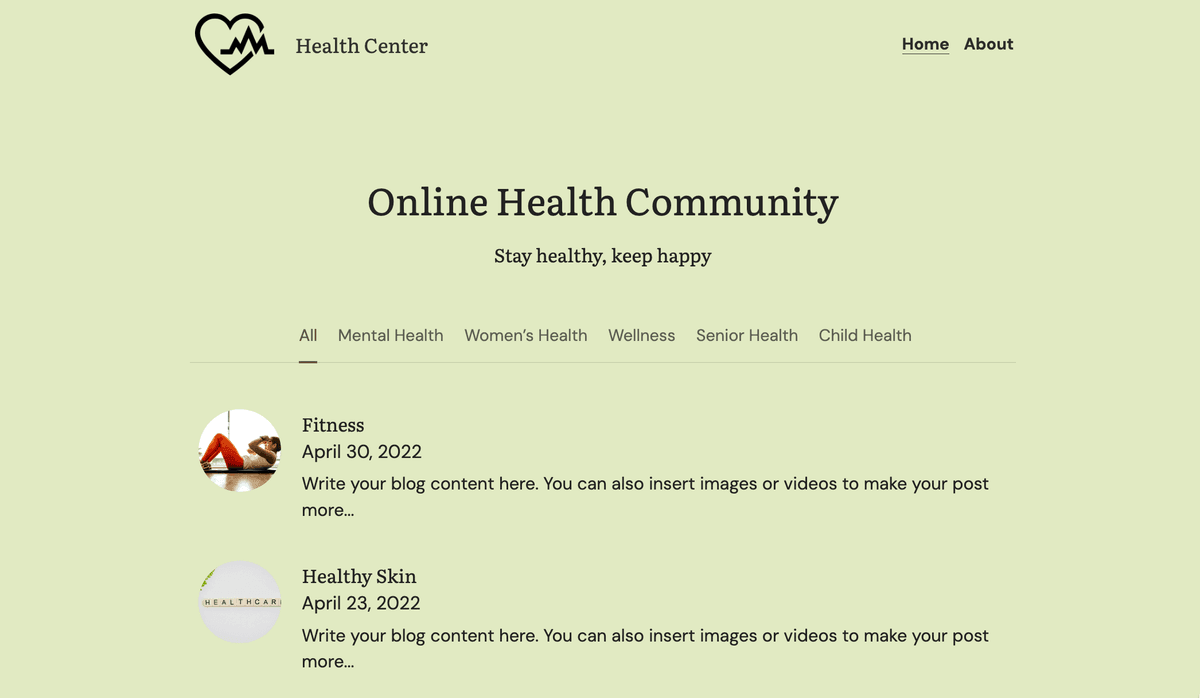 Plantilla de comunidad de salud de Strikingly
