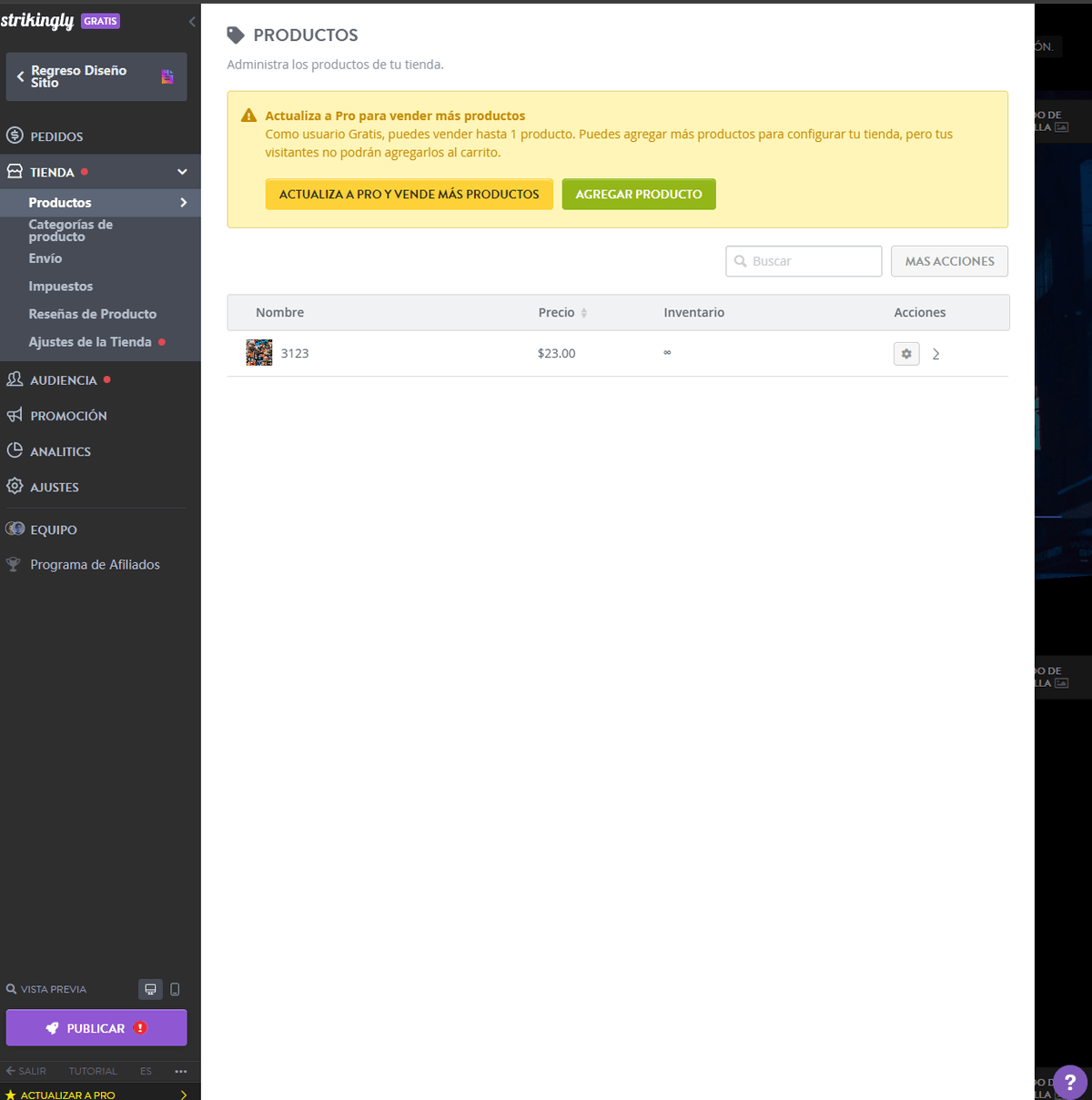 Página de gestión de productos de Strikingly