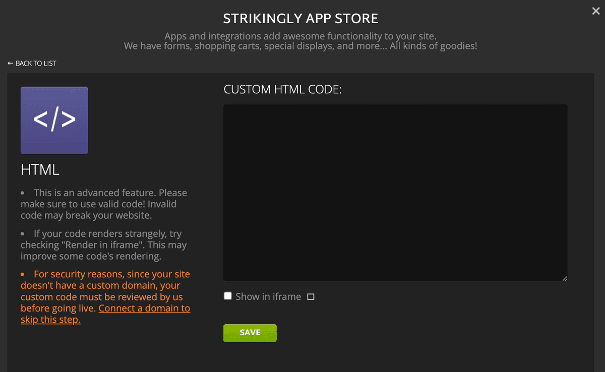 Strikingly HTML Abschnitt