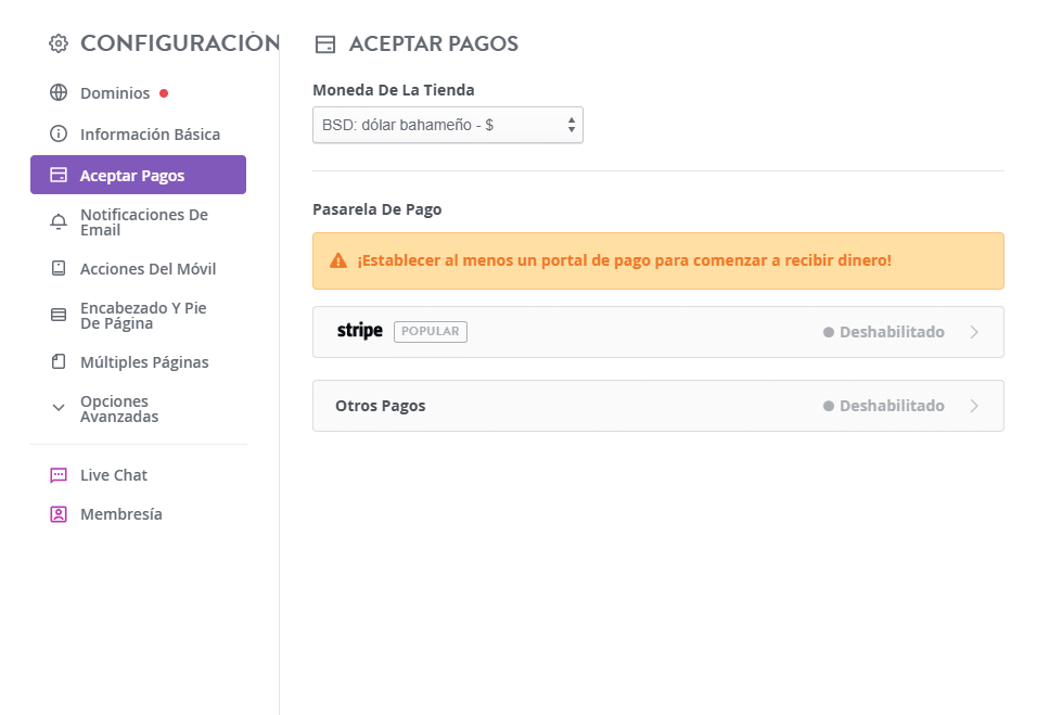 Página de integración de pagos de Strikingly