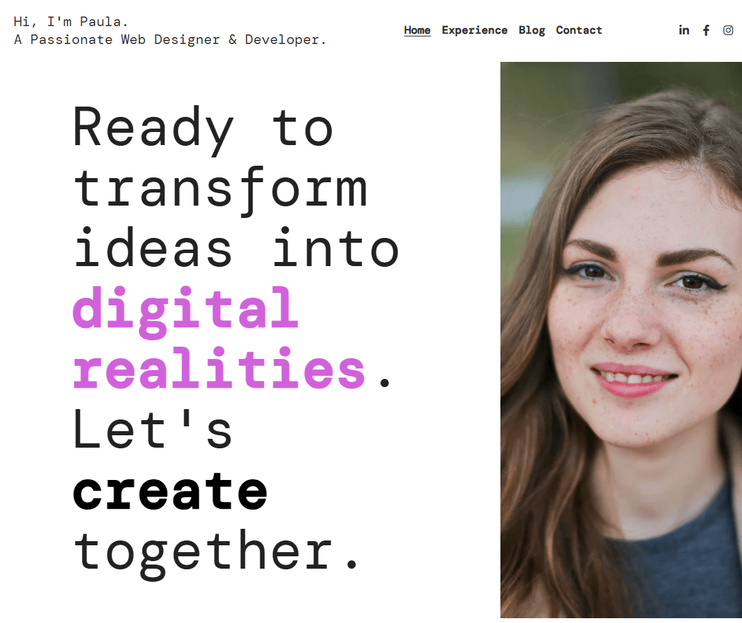 Paula - Plantilla para diseñadora y desarrolladora web de Strikingly