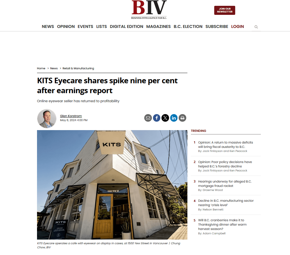 KITS Eyecare Shares on the Rise