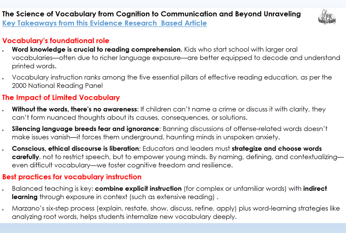 Key Takeaways from this Evidence Research  Based Article:  The Science of Vocabulary from Cognition to Communication and Beyond Unraveling