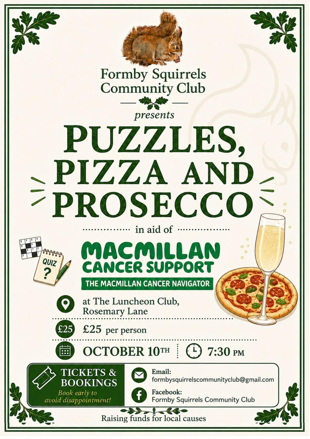 Puzzles, Pizza & Prosecco Night Formby - Macmillan Cancer Support