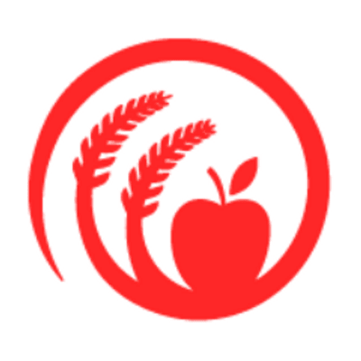 A red logo of an apple with wheat curving around it surrounded by a circle