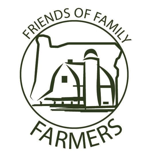 The words "Friends of Family Farmers" surrounding a one-color graphic of a barn in front of the shape of Oregon state inside a circle.