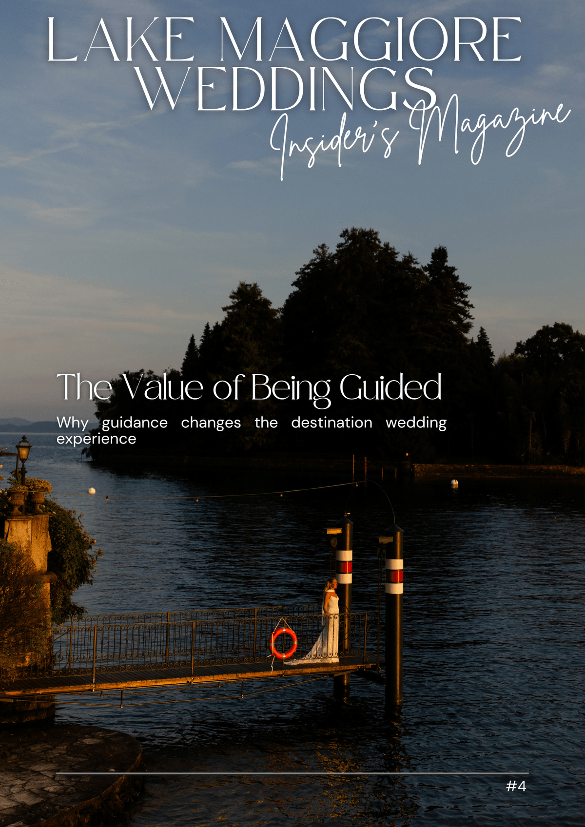 Bride at the sunset on a pier on Lake Maggiore