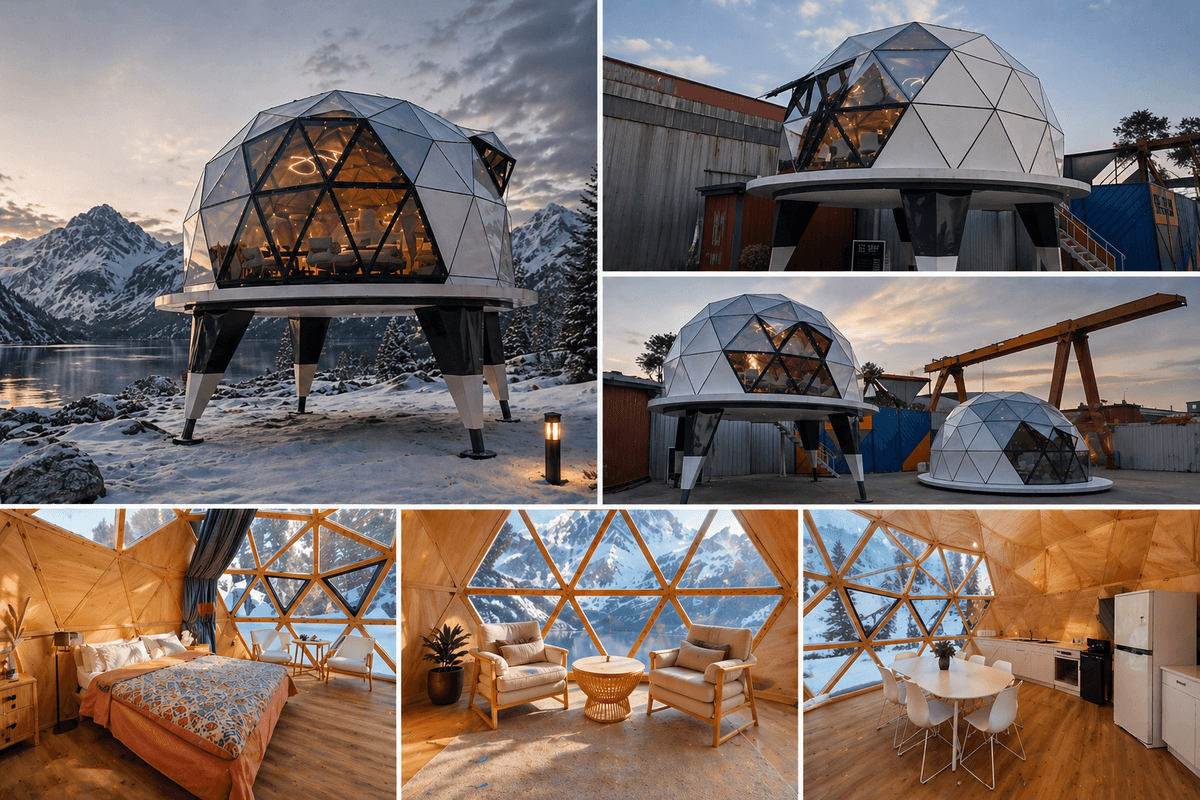 Six-image collage showing Astra Zenith geodesic dome cabin with exterior views in snowy mountains and industrial yard, along with warm wooden interior spaces including bedroom, lounge, and kitchen with panoramic triangular windows.