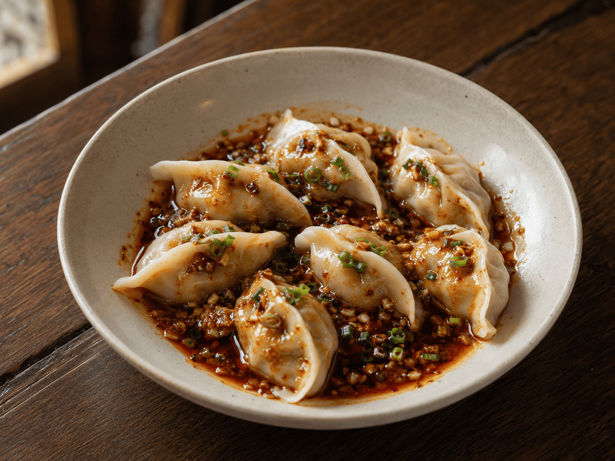 Chengdu Zhong dumplings served with aromatic chili oil, garlic and sweet soy sauce