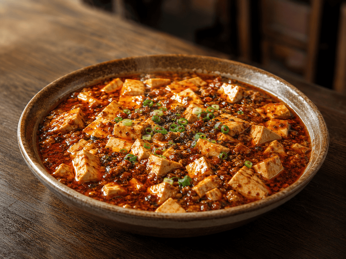 Authentic Chengdu mapo tofu with minced pork, chili bean paste and Sichuan pepper