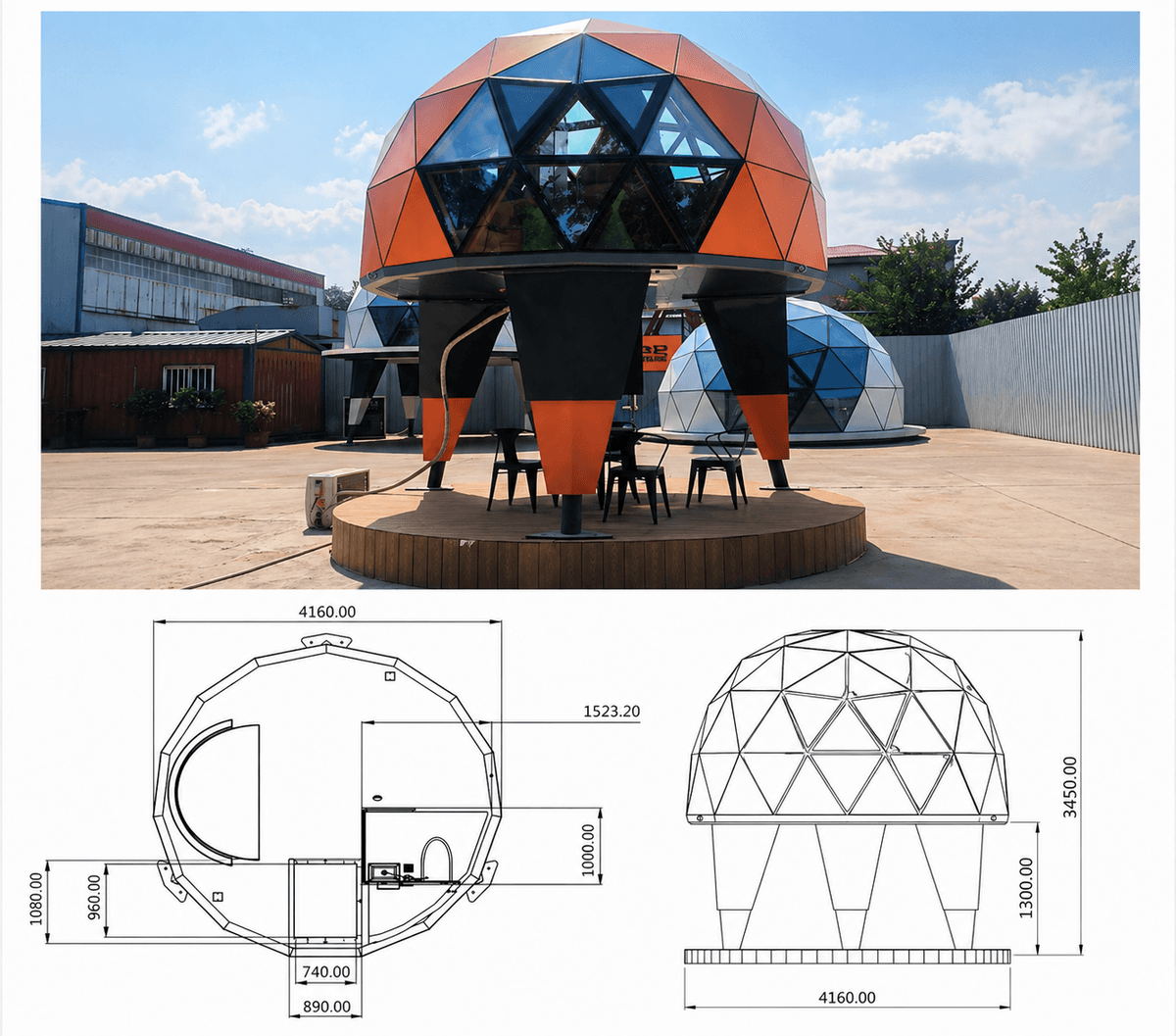 Geodesic dome pod elevated on four legs with triangular glass panels, shown in outdoor setting with detailed floor plan and elevation drawings below.
