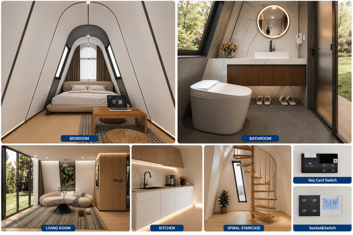 Modern A-frame guest house interior showcase: cozy loft bedroom, sleek bathroom, compact kitchen, and winding staircase