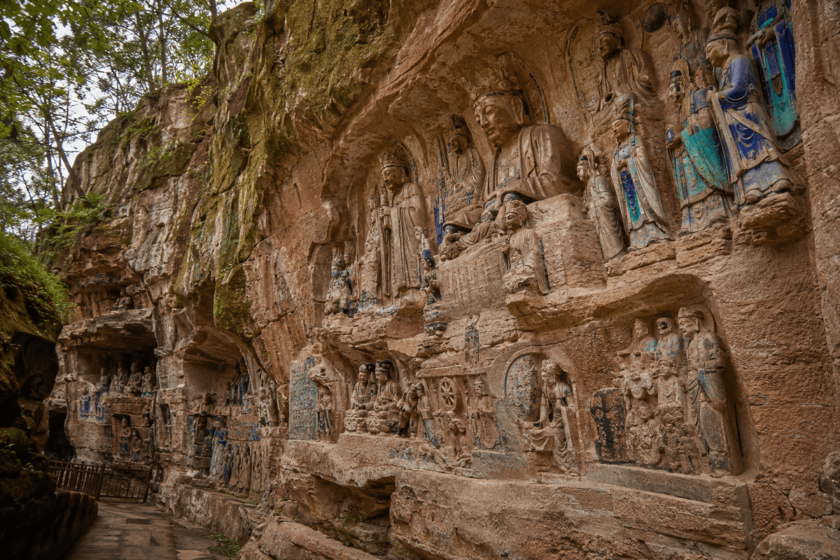 Ancient Buddhist sculptures carved into a sandstone cliff at the Dazu Rock Carvings near Chongqing