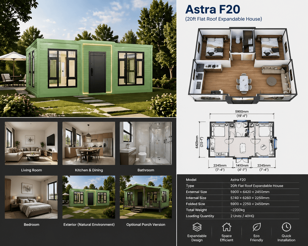 Astra F20 38m2 modern floor plan and 3D layout diagram.