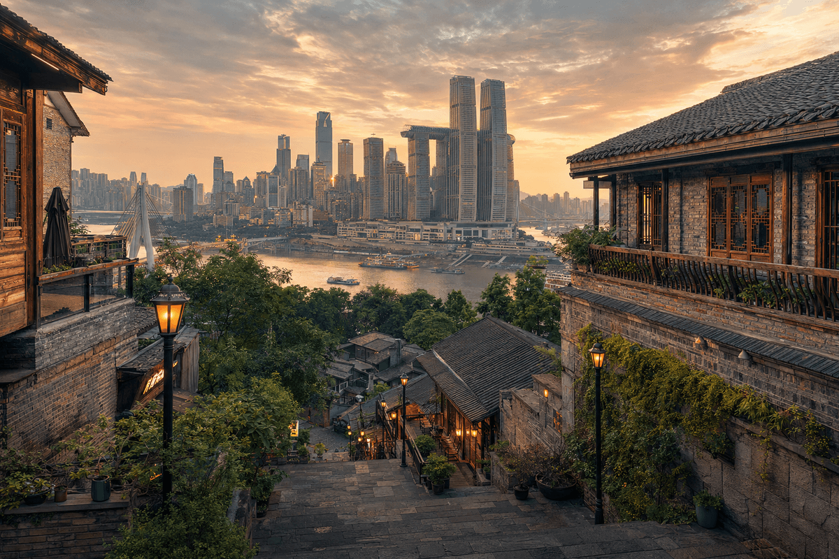 Historic Longmenhao Old Street overlooking the Yangtze River and central Chongqing skyline
