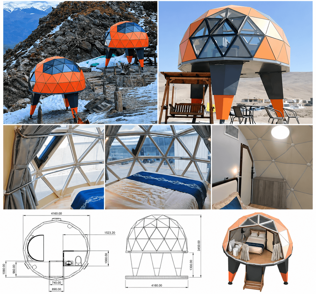 Astra Dome in multiple outdoor environments (mountain and desert) with elevated leg structure, shown alongside interior bedroom views with panoramic triangular windows and technical floor plan and elevation drawings.