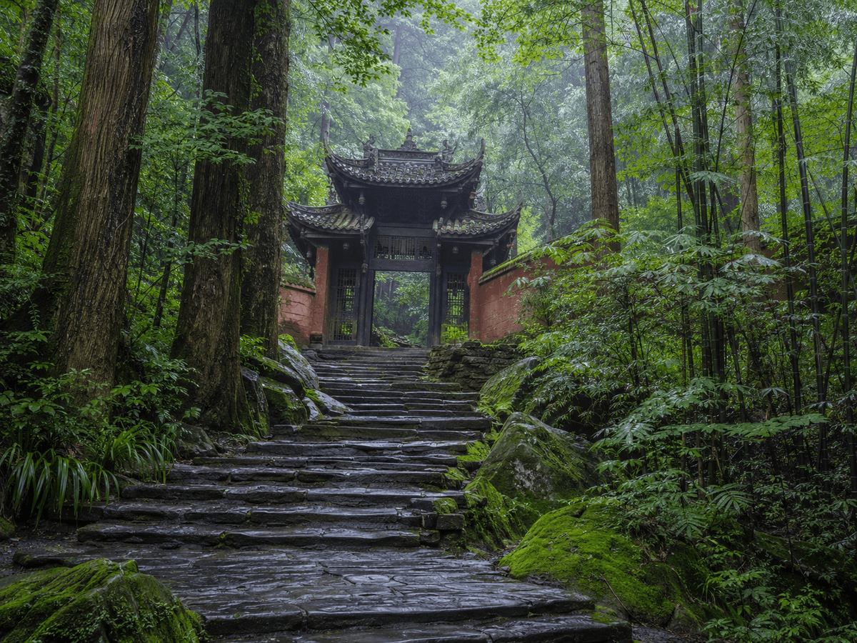 Forest path leading to a Taoist temple on Mount Qingcheng near Chengdu