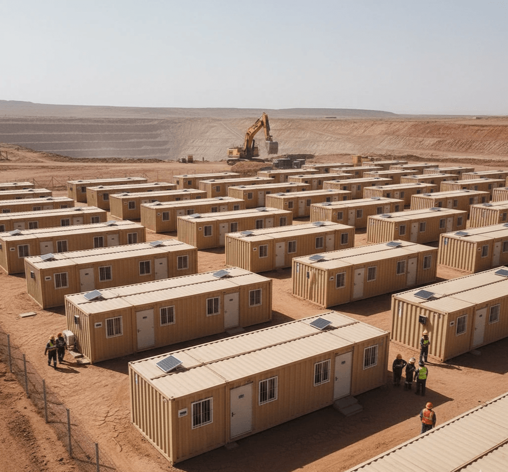 Aerial view of a large-scale remote mining camp featuring rows of tan detachable container houses for worker accommodation in an arid desert environment.