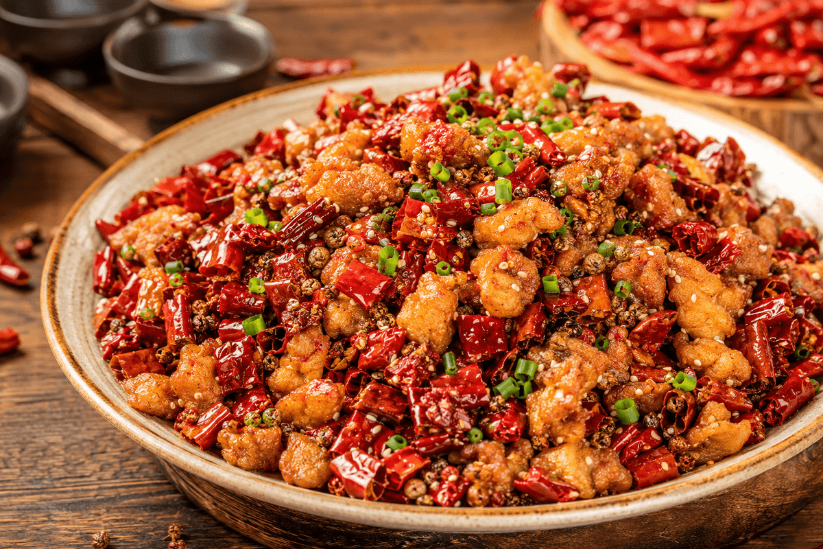 Chongqing la zi ji with crispy chicken, dried red chilies and Sichuan peppercorns