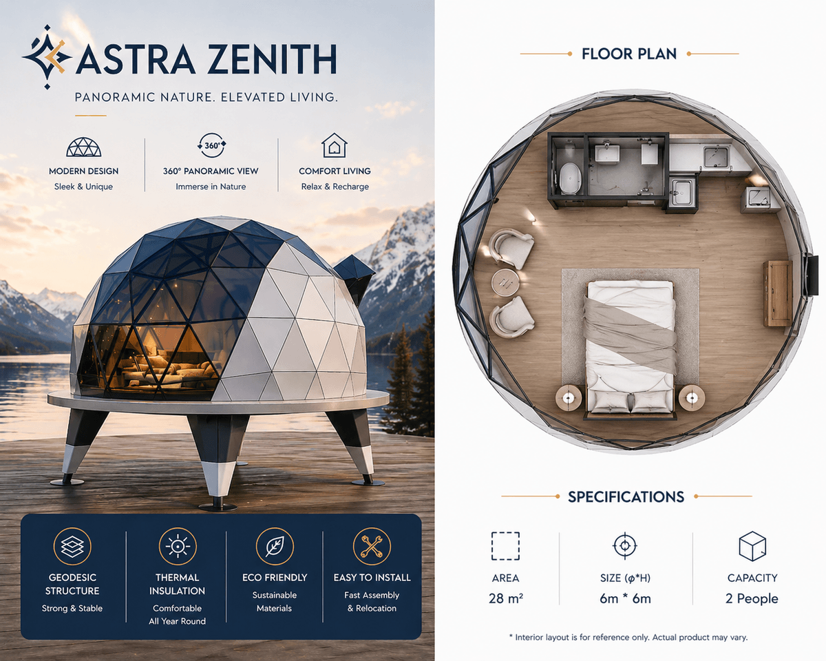 Astra Zenith geodesic dome pod with four support legs shown in a modern brochure layout, featuring exterior render on the left and a realistic top-down interior floor plan on the right, with specifications including 6m × 6m size and 28 sqm floor area.