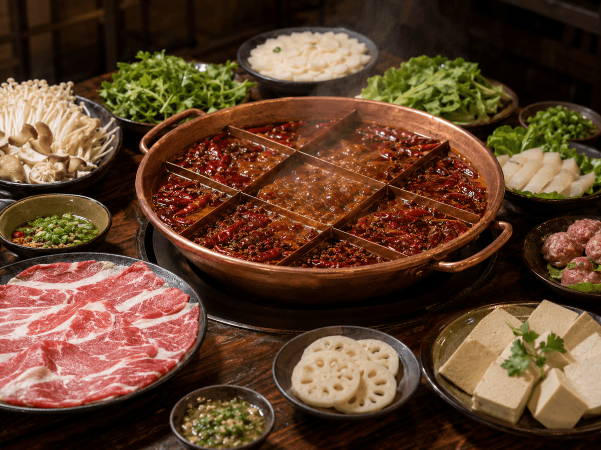 Traditional Sichuan hot pot with spicy chili broth and fresh ingredients in Chengdu