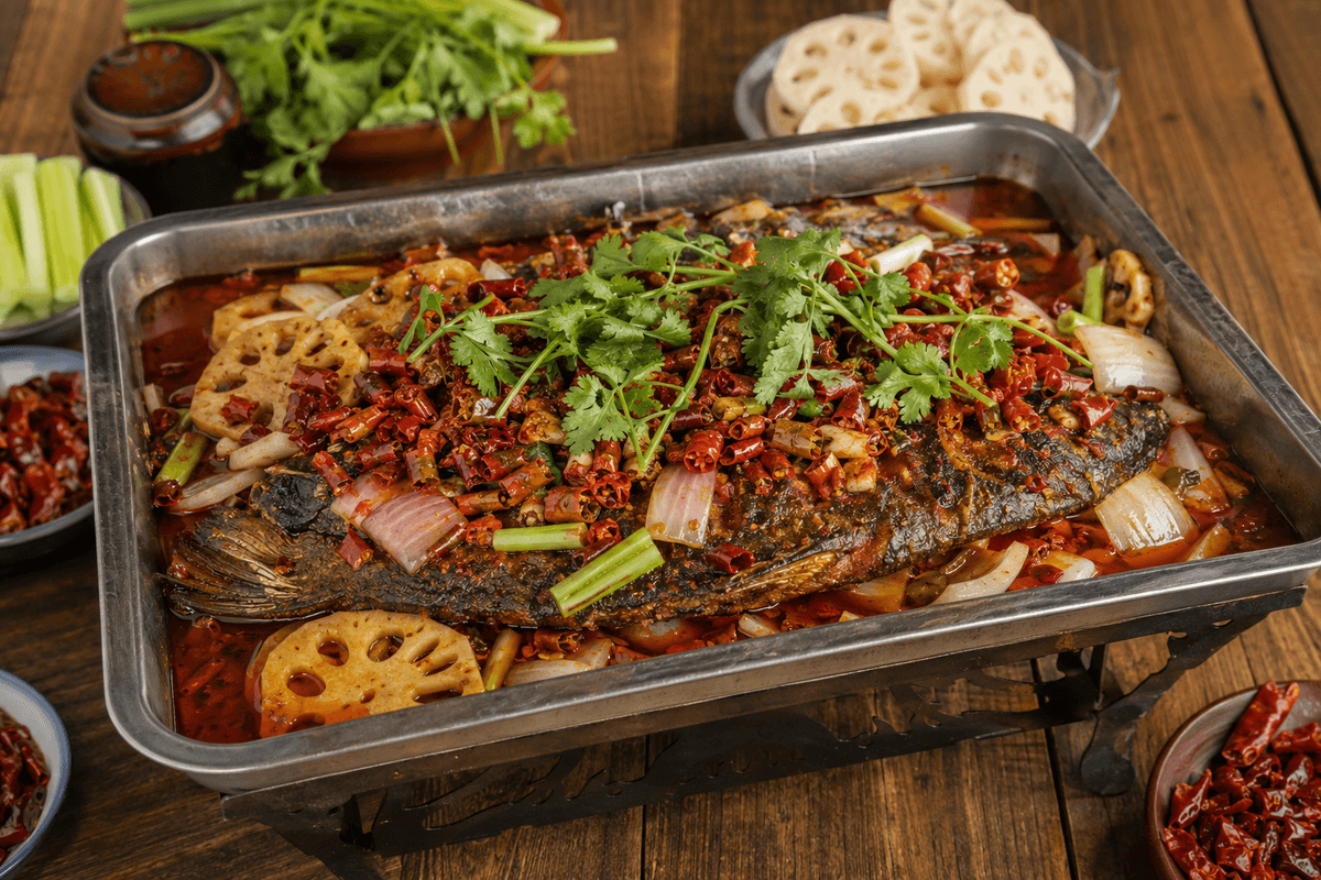 Chongqing grilled whole fish served with chilies, lotus root, onions and fresh herbs