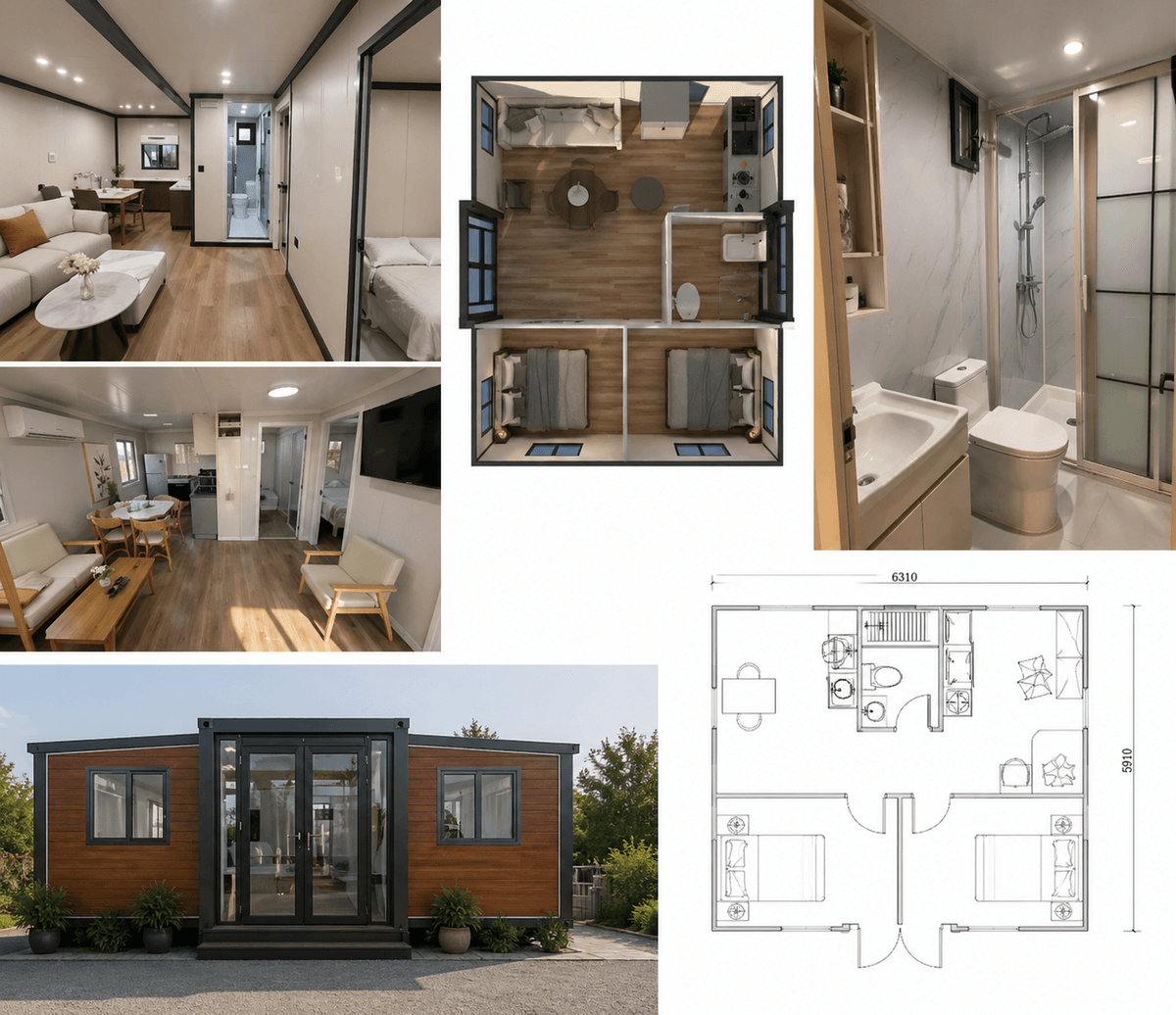 Modern modular container house presentation showing a 20ft expandable unit with interior photos, a top-down 3D layout, bathroom detail, exterior view, and a technical floor plan; layout includes a living room, dining area, kitchen, bathroom, and two bedrooms within a compact rectangular structure.