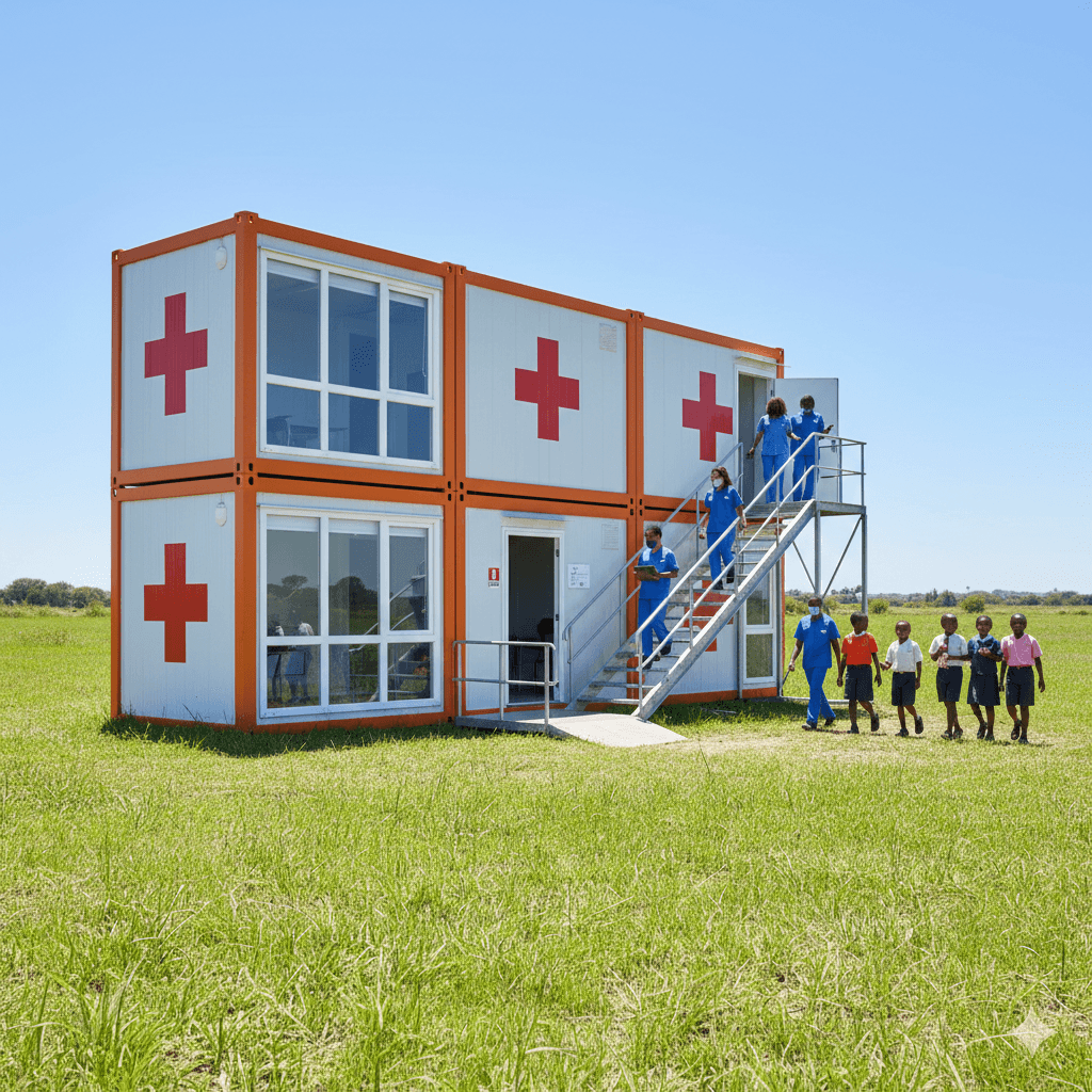 Prefabricated modular medical clinic made of detachable container units with red cross signage for rapid disaster relief and healthcare.