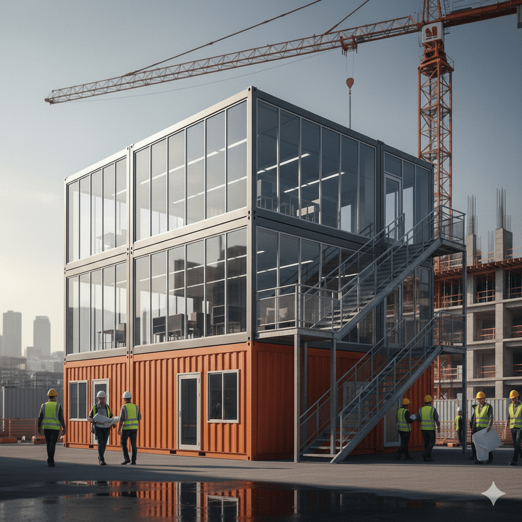 Three-story stacked detachable container office building with large glass curtain walls for a modern construction site infrastructure.