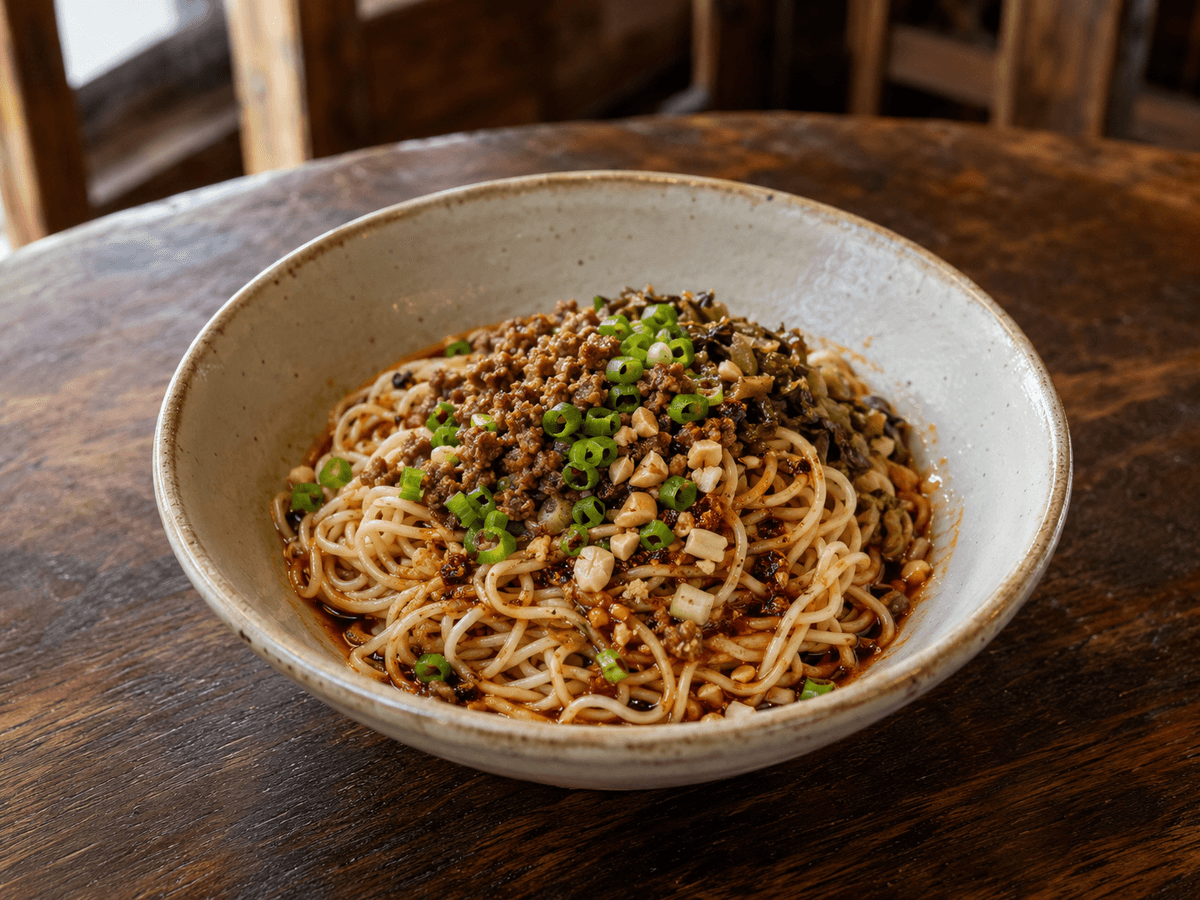 Traditional Chengdu dan dan noodles with minced pork, preserved vegetables and chili sauce