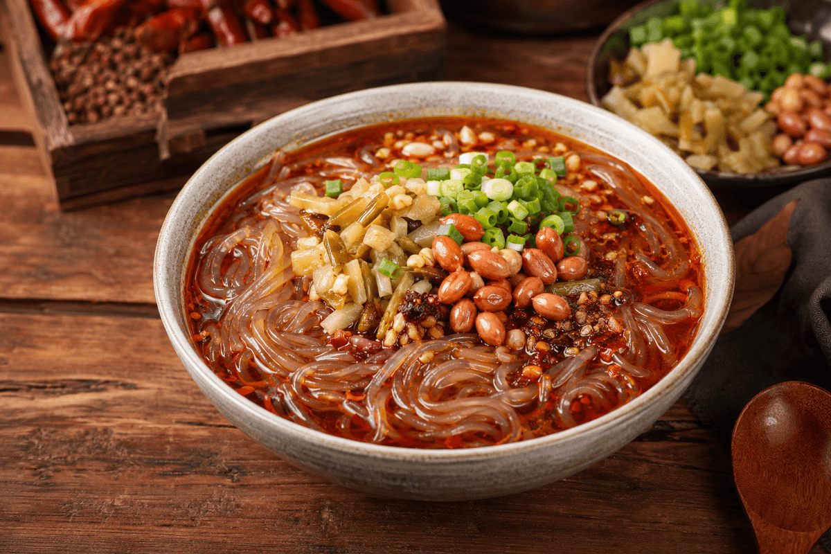 Chongqing hot and sour sweet potato noodles with peanuts, pickled vegetables and chili oil