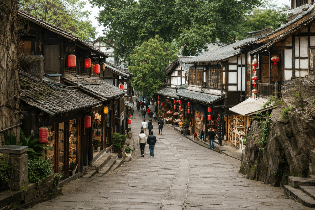 Historic Longmenhao Old Street overlooking the Yangtze River and central Chongqing skyline