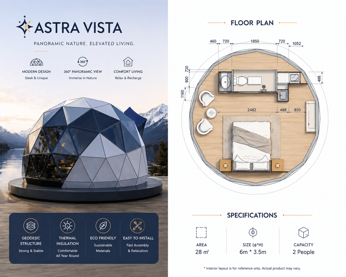 Astra Vista on an elevated wooden deck in a misty mountain forest at sunset, featuring panoramic glass panels and modern outdoor lounge area.
