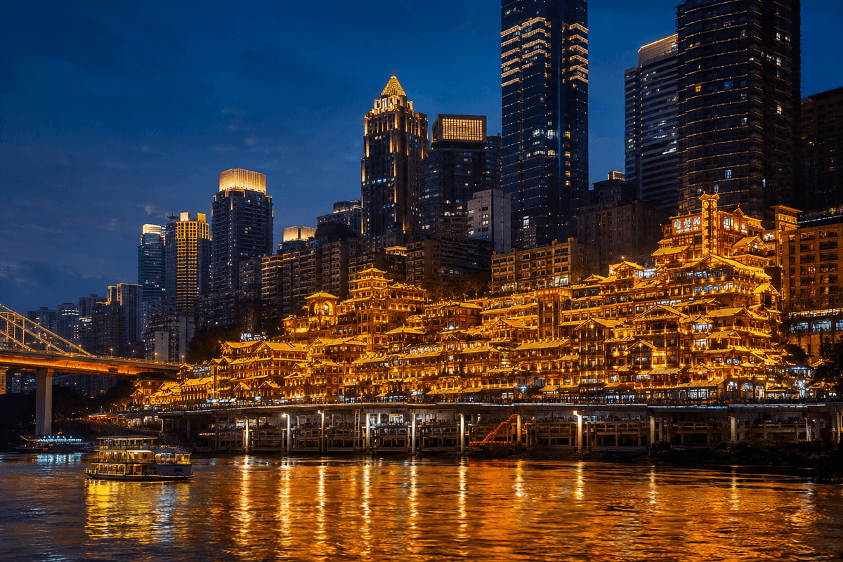 Illuminated Hongya Cave beside the Jialing River in Chongqing at night