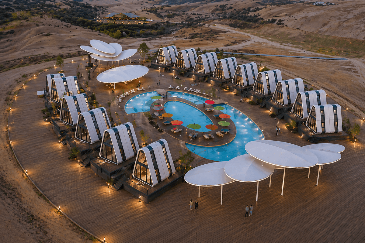 Aerial view of luxury eco-resort featuring multiple A-frame modular cabins, glamping site layout with swimming pool and mountain landscape