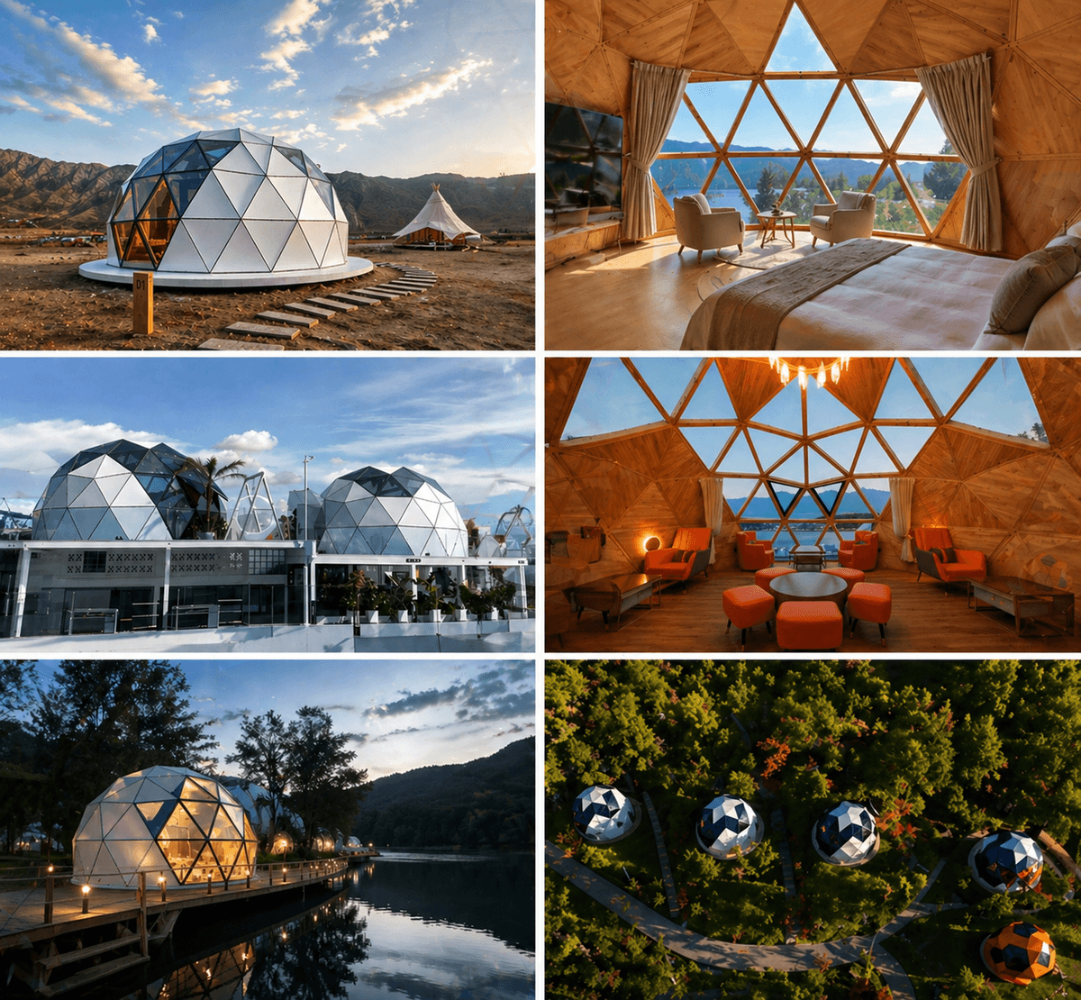 Astra Dome in multiple outdoor environments (mountain and desert) with elevated leg structure, shown alongside interior bedroom views with panoramic triangular windows and technical floor plan and elevation drawings.