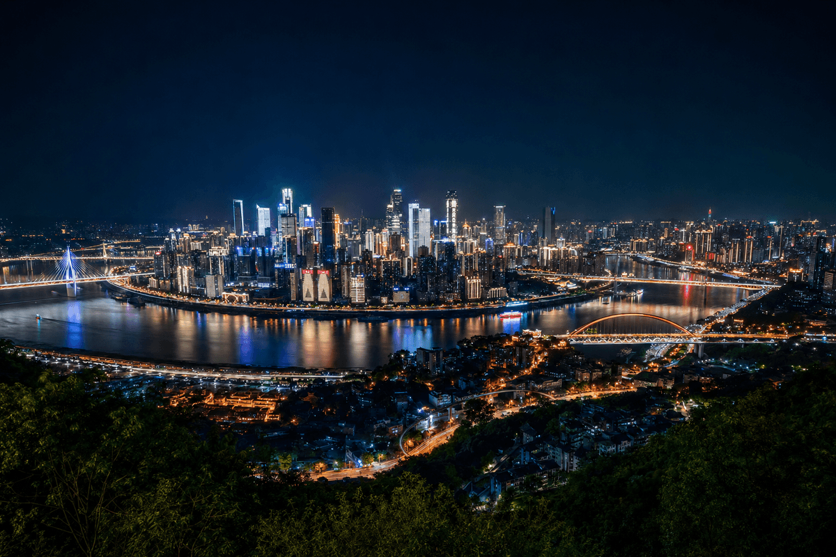 Panoramic night view of Chongqing and the Yangtze River from Nanshan Mountain