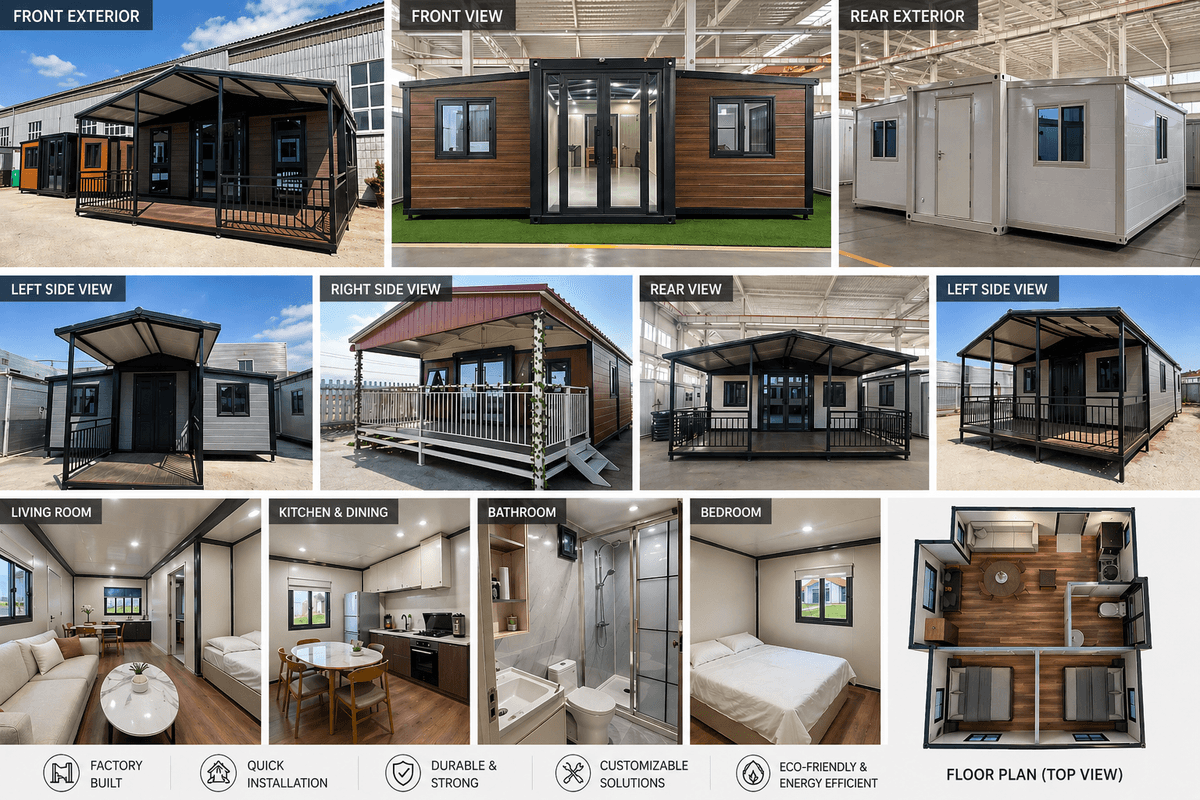 Modular container house product catalog collage showing multiple exterior views (front, rear, side), interior spaces including living room, kitchen and dining area, bathroom, and bedroom, along with a top-view floor plan; highlights a compact prefabricated home with porch options and customizable layouts.
