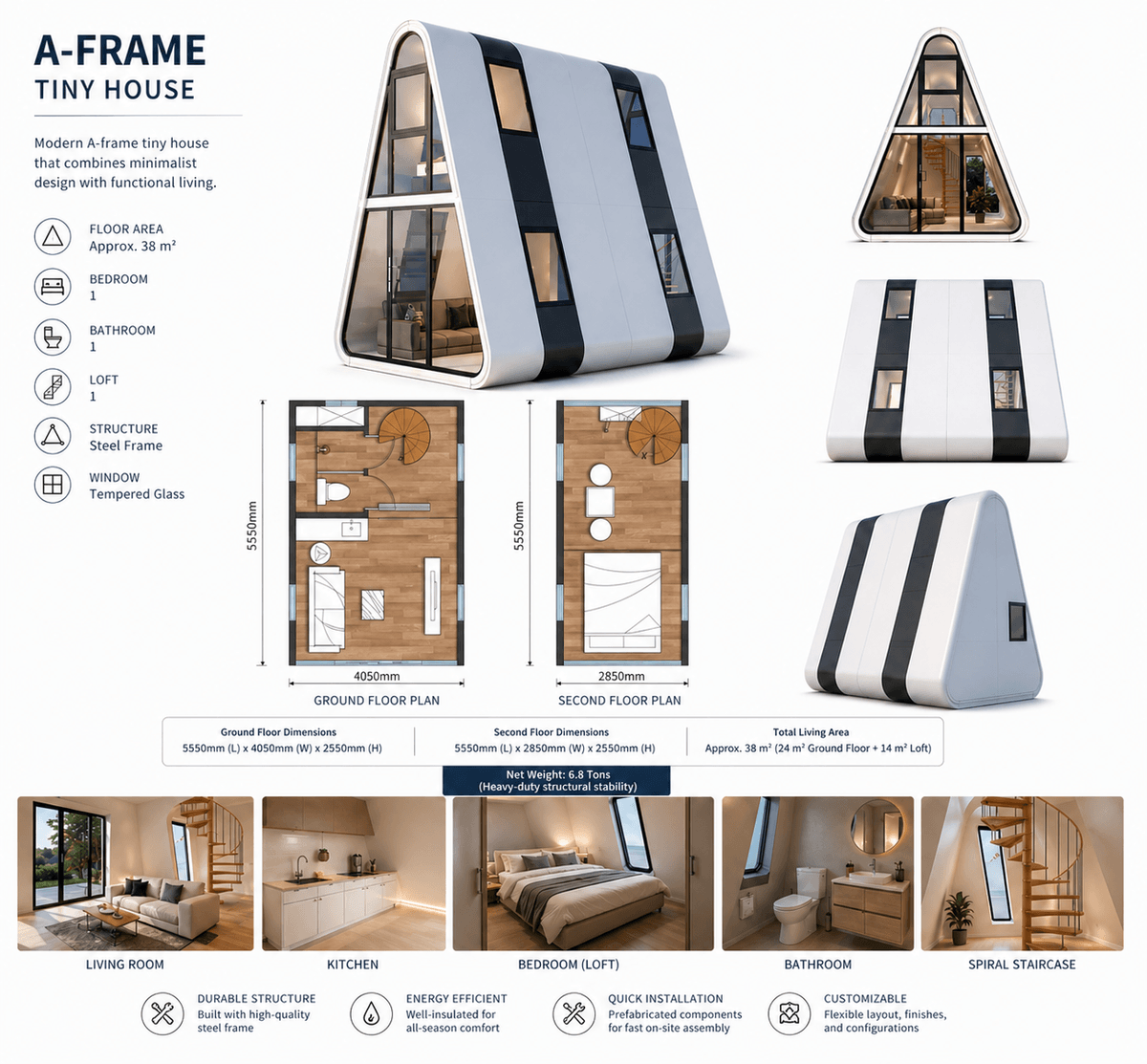 A-frame prefab tiny house with loft, modern modular cabin design, 1 bedroom 1 bathroom, steel structure, floor plan included