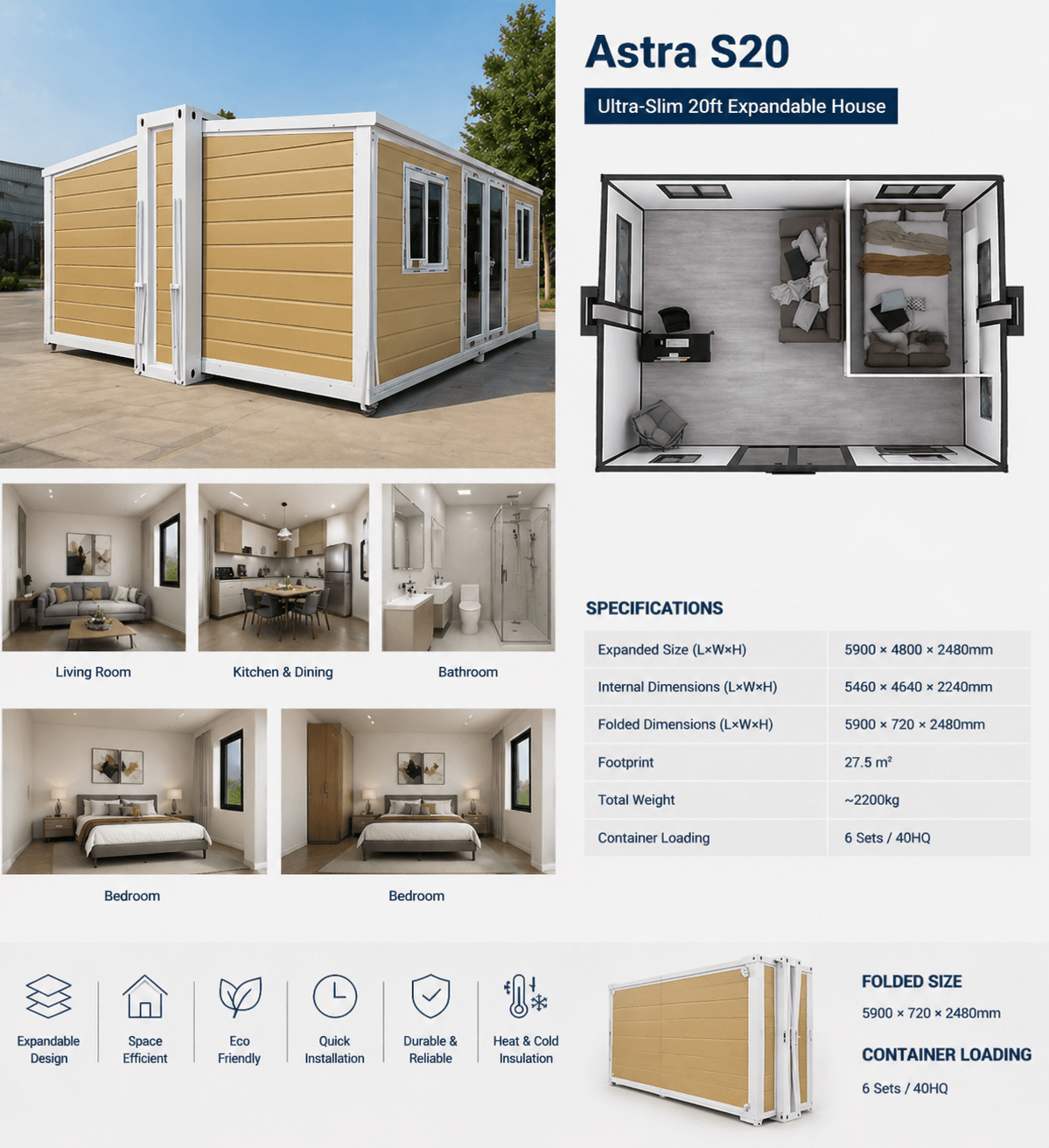 Modern modular container house presentation showing a 20ft expandable unit with interior photos, a top-down 3D layout, bathroom detail, exterior view, and a technical floor plan; layout includes a living room, dining area, kitchen, bathroom, and two bedrooms within a compact rectangular structure.