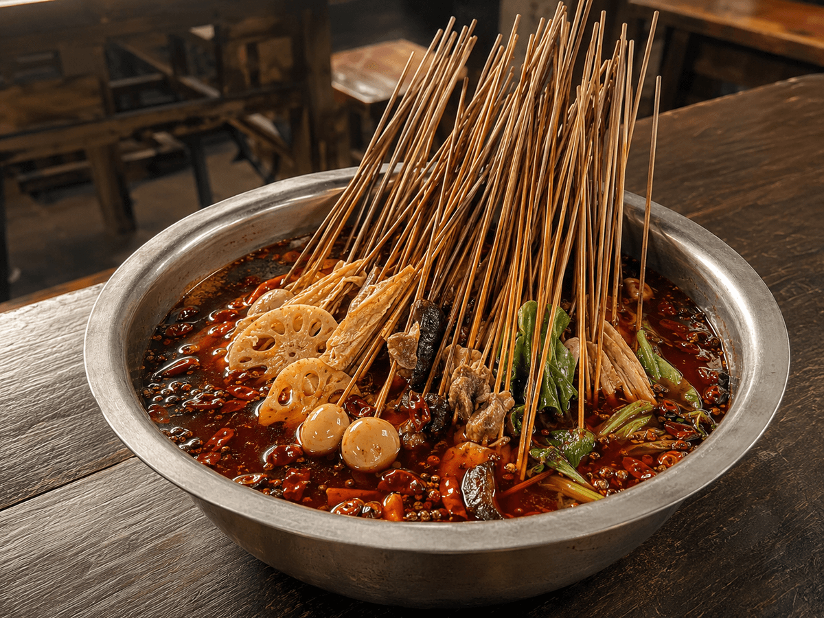 Chengdu chuan chuan skewers cooked in spicy Sichuan chili broth