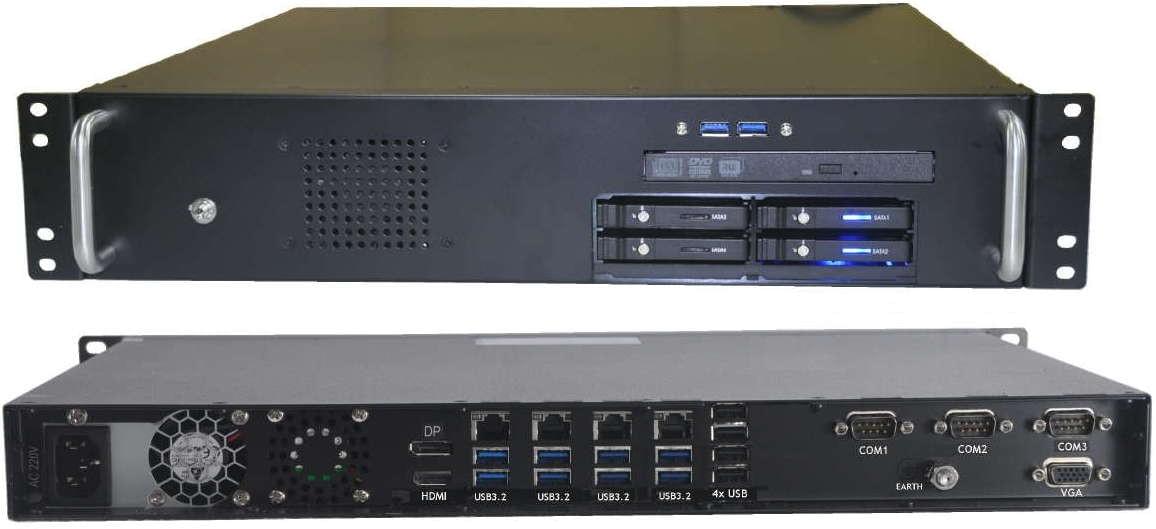 Mil. Ind. Server, 1U, 2U, 3U, 4U CPU : Xeon, 11G i7-11700, 10700 4 x LAN, 12 x USB, DP, HDMI, VGA 2~4 x COM, M.2 Fast SSD 4 x PCIe slots, 4 x SSD Bays AC90~264V or DC18~32V