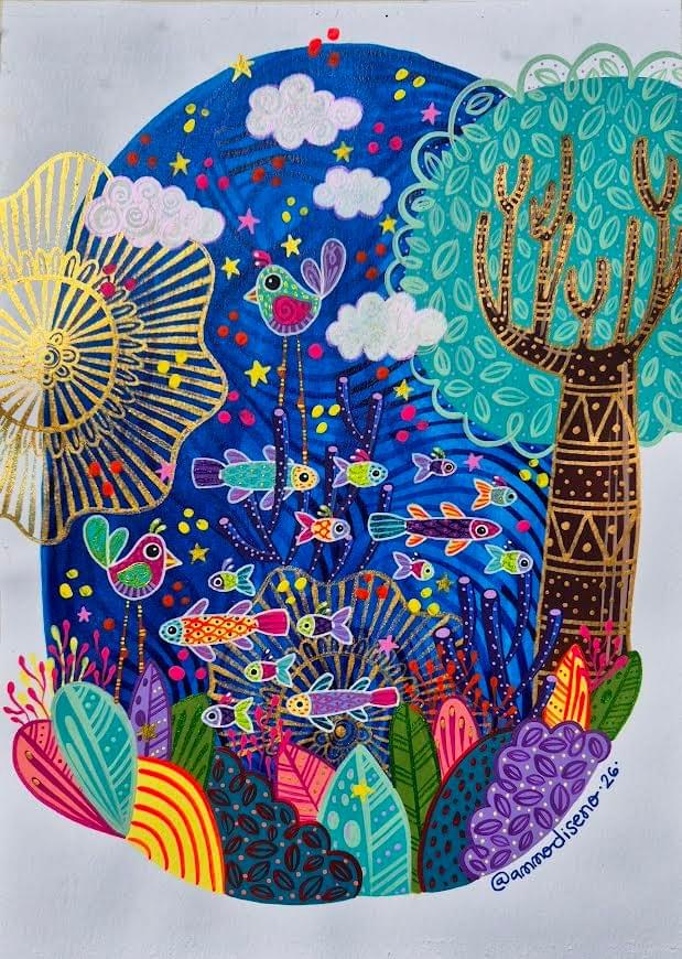 Whimsical illustration by AMMO featuring colorful birds, plants, fish, clouds, and organic patterns arranged in a vibrant nature inspired composition filled with intricate details and playful movement.