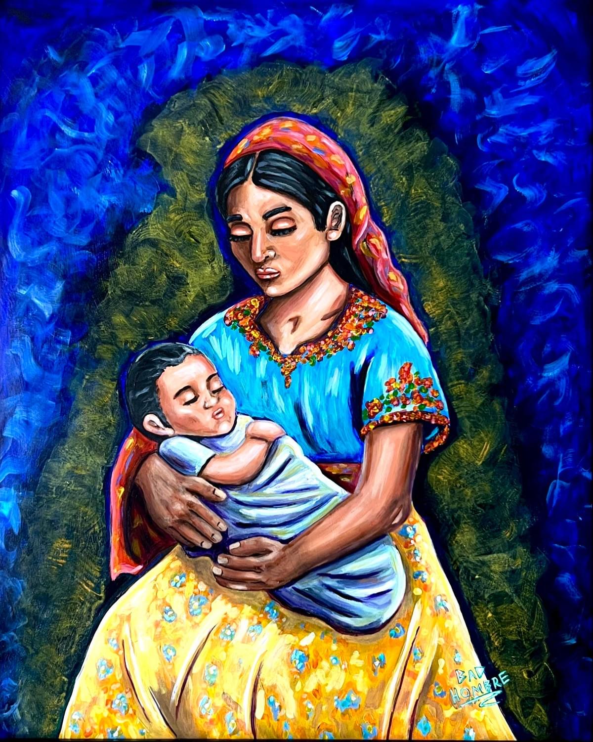 Painting by Bad Hombre featuring a mother holding a sleeping child, surrounded by rich colors and cultural symbolism