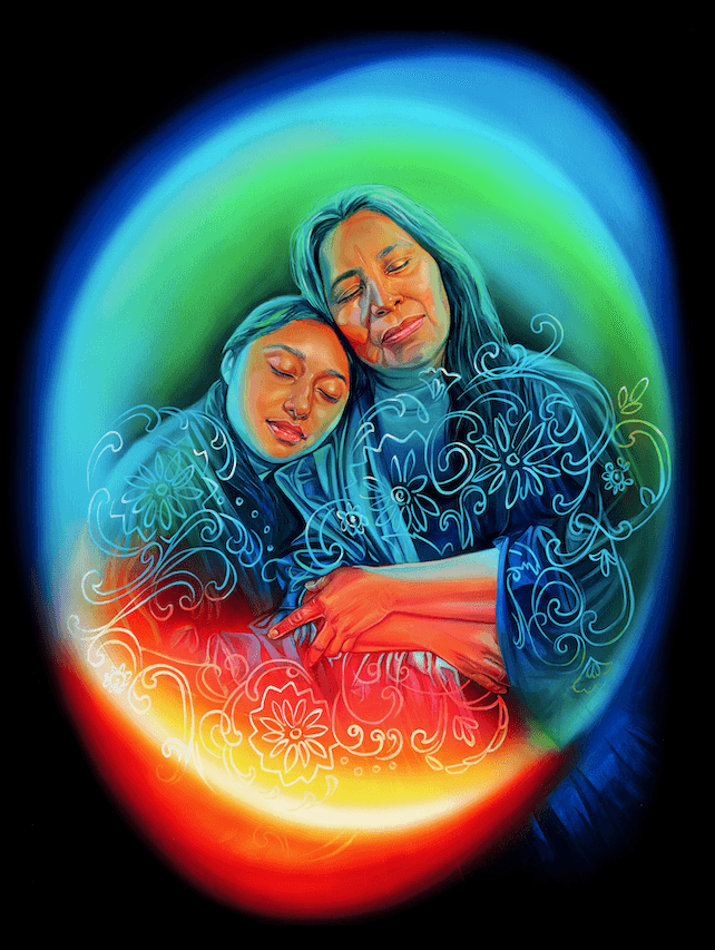 Ethereal portrait of two women embracing surrounded by glowing colors and floral patterns by Art by Ayala