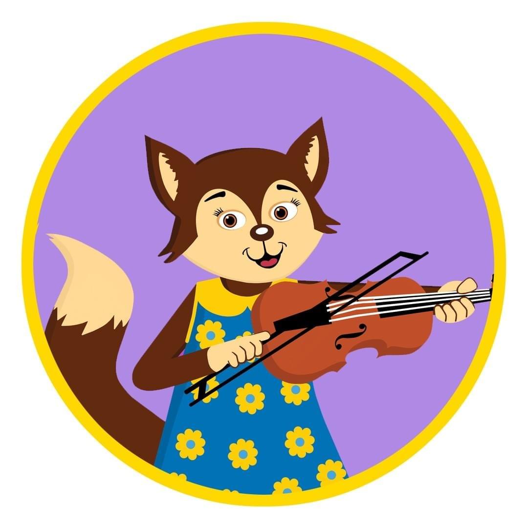 Fancy Fox happily playing a violin while wearing a blue dress.